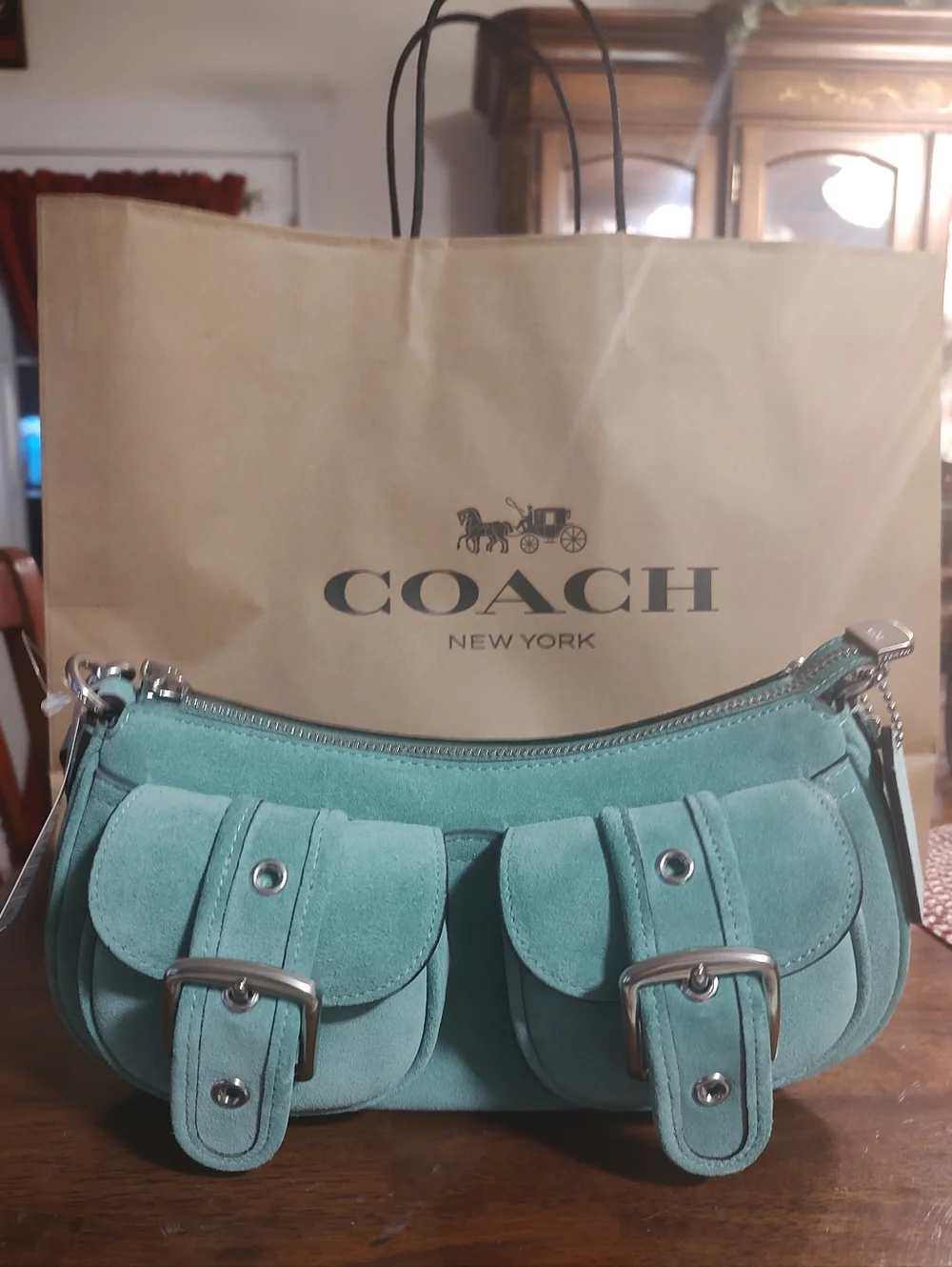 COACH Ashton Mint Green Suede Shoulder Bag with Front Buckle Pockets